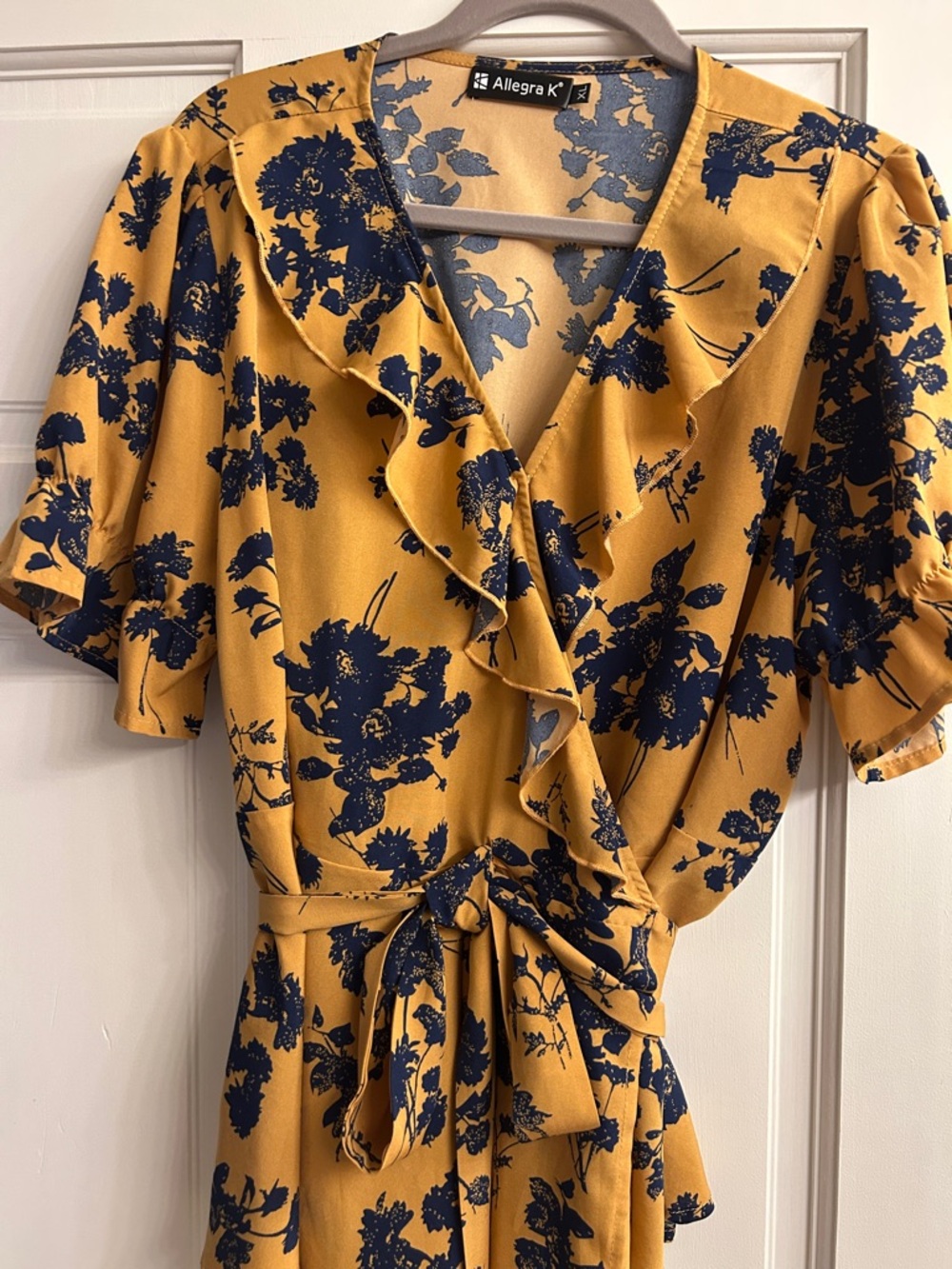 Allegra K Mustard and Navy Floral Wrap Dress with Ruffle V‑Neck
